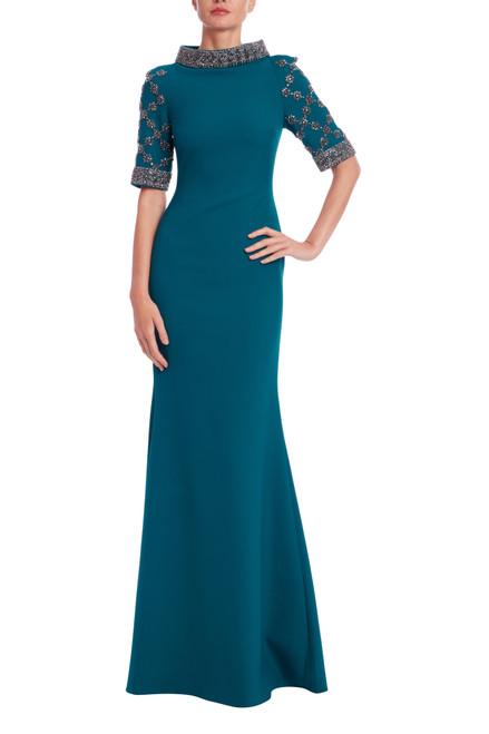 Teal | Embellished Mock Neck Collar Gown Front