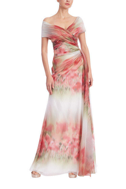 Rose Multi | Watercolor Floral Off-Shoulder Chiffon Gown Front