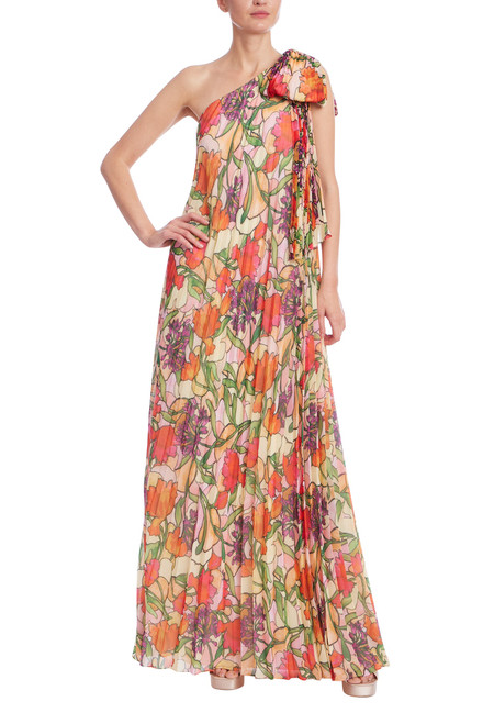 Red Multi | Floral Print One-Shoulder Maxi Dress Front