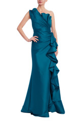 Peacock | Cascade Ruffle One-Shoulder Mikado Gown Front