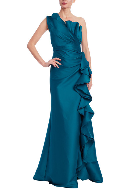 Peacock | Cascade Ruffle One-Shoulder Mikado Gown Front
