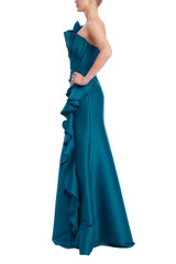 Peacock | Cascade Ruffle One-Shoulder Mikado Gown Side
