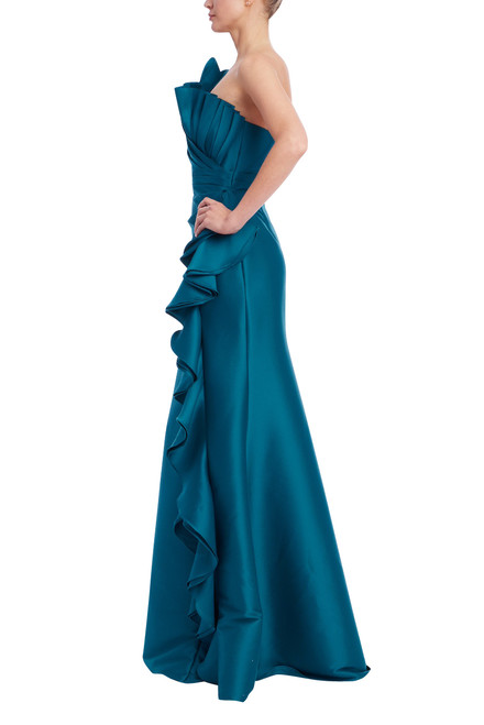 Peacock | Cascade Ruffle One-Shoulder Mikado Gown Side