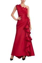 Red | Sculptural One-Shoulder Ruffle Gown Front