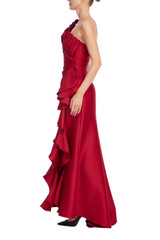 Red | Sculptural One-Shoulder Ruffle Gown Side