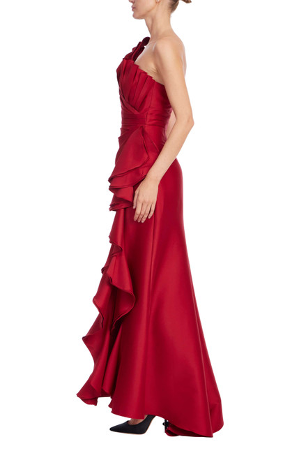 Red | Sculptural One-Shoulder Ruffle Gown Side