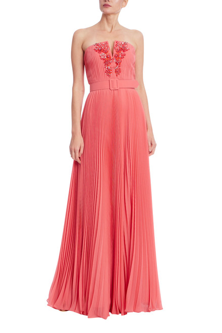 Coral | Strapless Coral Pleated Gown with Beaded Bodice Front