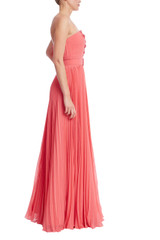 Coral | Strapless Coral Pleated Gown with Beaded Bodice Side