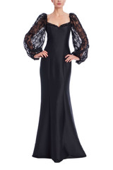 Black | Embroidered Lace Puff Sleeve Mermaid Gown Front