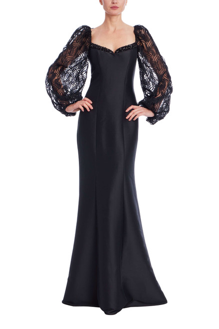 Black | Embroidered Lace Puff Sleeve Mermaid Gown Front