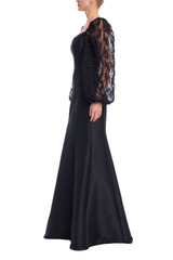 Black | Embroidered Lace Puff Sleeve Mermaid Gown Side