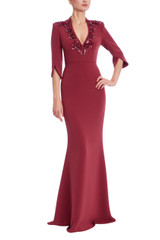 Burgundy | Embellished Plunge-Neck Gown with Split Bell Sleeves Front