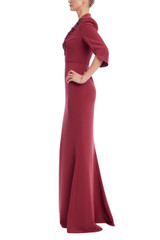 Burgundy | Embellished Plunge-Neck Gown with Split Bell Sleeves Side