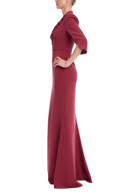Burgundy | Embellished Plunge-Neck Gown with Split Bell Sleeves Side