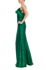 Emerald | Emerald Green Strapless Floral Jacquard Mermaid Gown Side