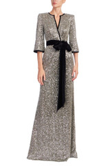 Gunmetal | Sequined & Velvet Sash V-Neck Gown Front