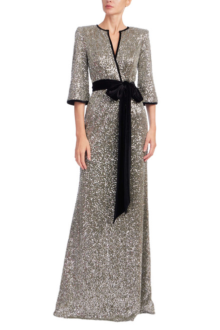 Gunmetal | Sequined & Velvet Sash V-Neck Gown Front