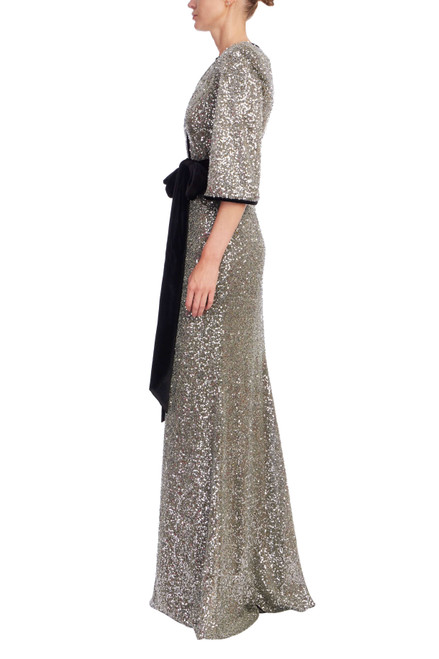 Gunmetal | Sequined & Velvet Sash V-Neck Gown Side