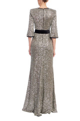 Gunmetal | Sequined & Velvet Sash V-Neck Gown Back