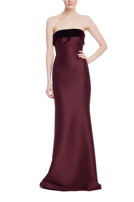 Merlot | Strapless Column Gown with Velvet Trim Front