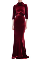 Wine | Velvet Mock Neck Belted Sheath Gown Front