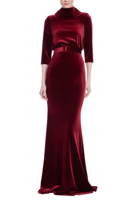 Wine | Velvet Mock Neck Belted Sheath Gown Front