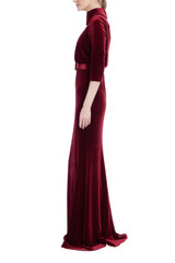 Wine | Velvet Mock Neck Belted Sheath Gown Side