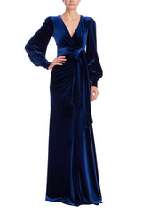 Navy | Navy Velvet Drape Gown with Puffed Sleeves Front