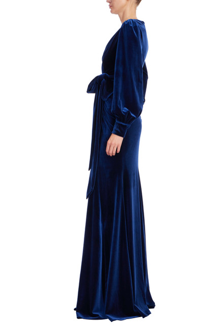 Navy | Navy Velvet Drape Gown with Puffed Sleeves Side