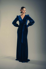 Navy | Navy Velvet Drape Gown with Puffed Sleeves Runway