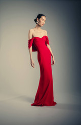 Red | Draped Off-the-Shoulder Trumpet Gown Runway