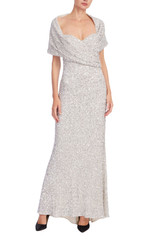 Silver | Draped Off the Shoulder Sequin Column Gown Front