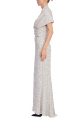 Silver | Draped Off the Shoulder Sequin Column Gown Side