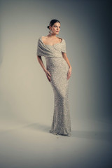 Silver | Draped Off the Shoulder Sequin Column Gown Runway