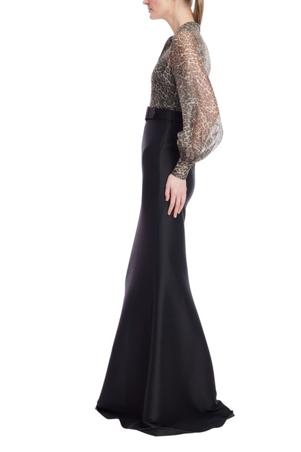 Black Multi | Leopard Print Organza Mermaid Gown with Black Skirt Side