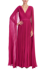 Raspberry | V-Neck Pleated Cape Gown Front