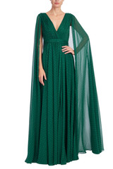Dark Emerald | Draped V-Neck Gown with Cape Sleeves Front
