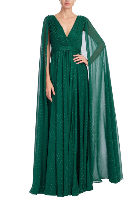 Dark Emerald | Draped V-Neck Gown with Cape Sleeves Front