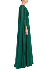 Dark Emerald | Draped V-Neck Gown with Cape Sleeves Side