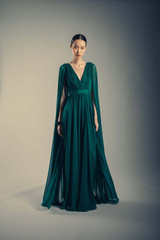 Dark Emerald | Draped V-Neck Gown with Cape Sleeves Runway