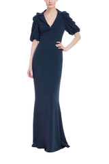 Navy | V-Neck Mermaid Gown with Puff Sleeves Front