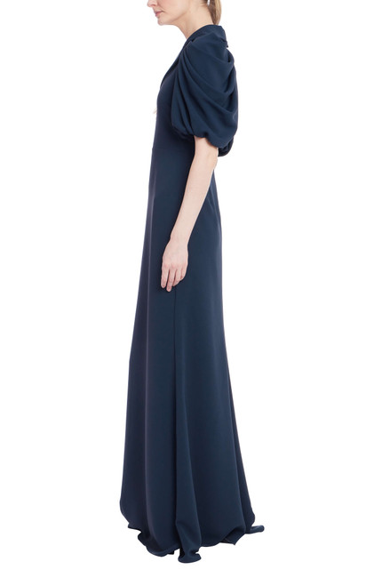 Navy | V-Neck Mermaid Gown with Puff Sleeves Side