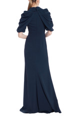 Navy | V-Neck Mermaid Gown with Puff Sleeves Back