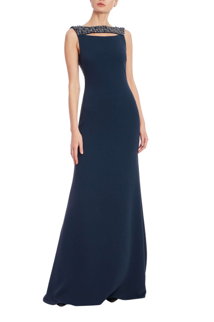 Navy | Beaded Neck Sleeveless A-Line Gown Front