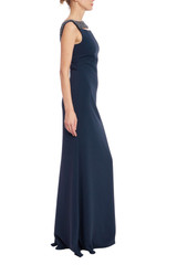 Navy | Beaded Neck Sleeveless A-Line Gown Side