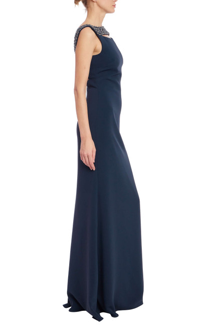 Navy | Beaded Neck Sleeveless A-Line Gown Side