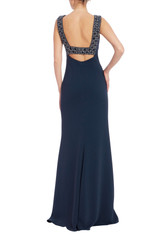 Navy | Beaded Neck Sleeveless A-Line Gown Back