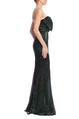 Dark Emerald | Sequin Strapless Mermaid Gown with Bow Front Side