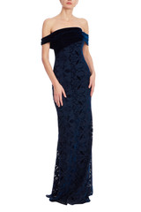 Navy | Off-Shoulder Velvet & Burnout Lace Column Gown Front