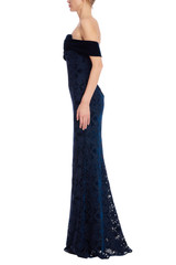Navy | Off-Shoulder Velvet & Burnout Lace Column Gown Side